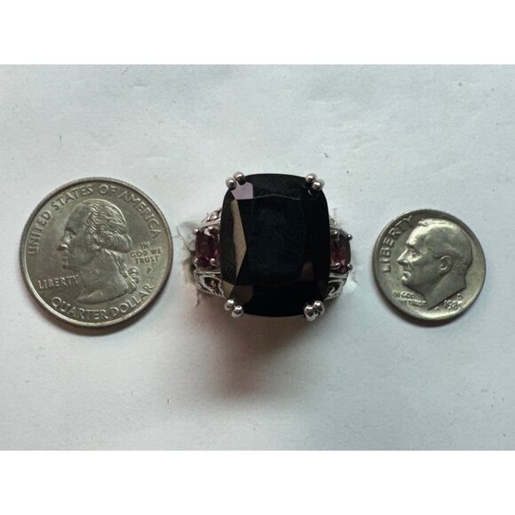 Estate Sterling Silver 925 Filigree Ring Size 6 Large Black Stone & Red Accents - Picture 6 of 8